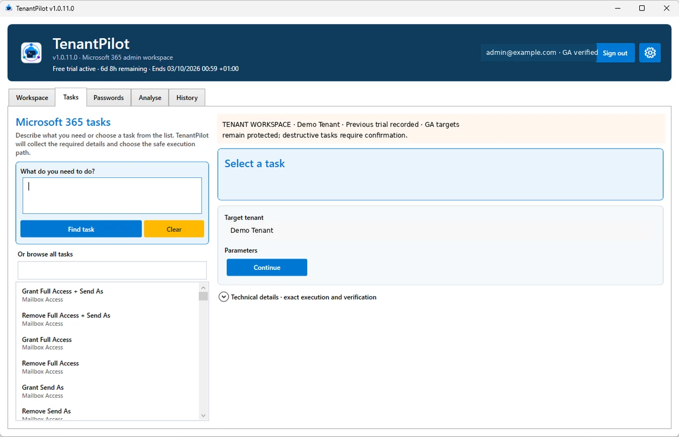 TenantPilot Tasks screen showing task search and guided Microsoft 365 actions